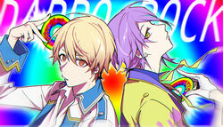  2boys absurdres back-to-back blonde_hair blue_shirt blurry blurry_background buttons cd chromatic_aberration collared_jacket collared_shirt colorful commentary dappou_rock_(vocaloid) double-breasted earrings fingernails gloves gold_trim hair_between_eyes half_gloves hand_on_own_chest hand_up head_tilt highres holding holding_cd jacket jewelry kamishiro_rui looking_at_viewer male_focus multicolored_background multicolored_clothes multicolored_jacket multiple_boys neck_ribbon open_clothes open_jacket orange_eyes outline ovexxxxx parted_lips profile project_sekai psychedelic purple_hair purple_jacket rainbow_background ribbon ringed_eyes serious shirt short_hair song_name stud_earrings swept_bangs tenma_tsukasa tsurime two-tone_jacket upper_body white_gloves white_jacket white_outline white_shirt yellow_eyes yellow_jacket yellow_ribbon 