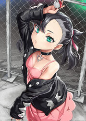  absurdres aqua_eyes arm_up asymmetrical_hair bare_shoulders black_choker black_hair black_jacket breasts chain-link_fence choker cleavage collarbone commentary_request dress earrings expressionless female fence from_above hair_ribbon half-closed_eyes highres holding holding_poke_ball jacket jewelry long_hair looking_at_viewer marnie_(pokemon) nail_polish off_shoulder open_clothes open_jacket pink_dress poke_ball poke_ball_(basic) pokemon pokemon_swsh ribbon sharumon short_twintails sleeveless sleeveless_dress small_breasts solo twintails 