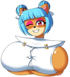  activision alpha_channel anthro bandicoot big_breasts blue_hair breasts clothing crash_(series) crash_team_racing_(series) crash_team_racing_nitro-fueled eyeshadow female hair happy huge_breasts looking_at_viewer makeup mammal marsupial megumi_bandicoot one_eye_closed open_mouth open_smile pink_eyes pokumii side_boob slime smile solo tight_clothing wink 