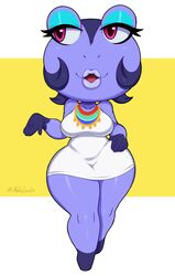  2020 5_fingers absurd_res amphibian animal_crossing anthro clothed clothing digital_media_(artwork) diva_(animal_crossing) eyelashes female fingers frog hi_res lips mehdrawings nintendo open_mouth purple_eyes short_stack signature solo thick_thighs 