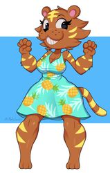  2020 3_toes 5_fingers absurd_res animal_crossing anthro bangle_(animal_crossing) breasts cleavage clothed clothing digital_media_(artwork) eyelashes feet felid female fingers freckles hi_res looking_at_viewer mammal mehdrawings nintendo pantherine signature smile solo stripes tiger toes wide_hipped_female wide_hips 