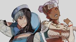  2girls animification apex_legends beret blue_eyes blue_hair blue_headwear blue_lips bracer breasts brown_eyes cleavage crop_top double_bun gold_headband hair_bun hat haute_drop_wattson head_tilt highres hood lichtenberg_figure lifeline_(apex_legends) lipstick looking_at_viewer looking_down makeup medium_breasts multiple_girls official_alternate_costume parted_lips tsukura_sae upper_body wattson_(apex_legends) white_hair worlds_apart_lifeline 