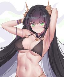  absurdres ara_(guardian_tales) armpits arms_up bikini black_bikini black_hair blush bracelet breasts closed_mouth female frown green_eyes guardian_tales highres jewelry long_hair looking_at_viewer medium_breasts navel seashell shell shell_hair_ornament sliverdog solo swimsuit wet 