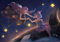  2girls absurdres bare_shoulders black_dress black_legwear blue_dress blue_eyes blue_hair bow chinese_commentary collarbone commentary dress floating frilled_skirt frills graykn hairbow haiyi halter_dress halterneck hand_on_another&#039;s_face highres holding_hands jellyfish long_hair looking_at_another multiple_girls night night_sky orca outdoors parted_lips purple_hair quad_tails scenery short_hair sitting sitting_on_animal skirt sky star star_(sky) starry_sky stellated_octahedron strapless strapless_dress thighhighs very_long_hair vocaloid wide_shot xingchen yellow_bow yellow_eyes 