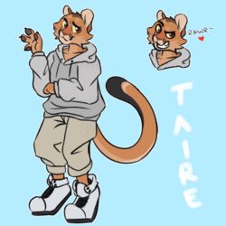  1:1 absurd_res anthro biped blue_background brown_eyes clothing cougar digitigrade fangs felid feline flat_colors footwear hi_res male mammal model_sheet round_ears shoes simple_background sinamuna smile smirk solo sweater taire teeth topwear yellow_sclera 