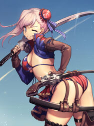  ;) american_flag american_flag_bikini american_flag_print ass asymmetrical_hair asymmetrical_legwear bikini blue_eyes boots breasts brown_gloves bun_cover commentary_request elbow_gloves fate/grand_order fate_(series) female fingerless_gloves flag_print gloves gunblade hair_bun highres holding holding_sword holding_weapon large_breasts mismatched_legwear miyamoto_musashi_(fate) miyamoto_musashi_(swimsuit_berserker)_(fate) miyamoto_musashi_(swimsuit_berserker)_(second_ascension)_(fate) moyashi_mou2 multi-strapped_bikini_bottom one_eye_closed pink_hair print_bikini scabbard sheath sheathed shrug_(clothing) single_elbow_glove single_side_bun single_sidelock single_thigh_boot single_thighhigh smile solo swept_bangs swimsuit sword thigh_boots thighhighs unsheathed weapon 