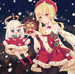  2girls amick_(americanomix) bare_shoulders black_legwear blonde_hair blue_eyes blush boots christmas closed_mouth genshin_impact gloves hair_ornament hat highres knee_boots long_sleeves looking_at_viewer lumine_(genshin_impact) medium_hair multiple_girls off_shoulder open_mouth orange_eyes paimon_(genshin_impact) pantyhose red_footwear red_gloves red_headwear signature smile snow snow_globe white_hair wide_sleeves 