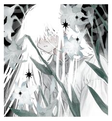  androgynous crying crying_with_eyes_open flower fog frost_fog highres long_hair original plant tearing_up tears white_hair white_theme 