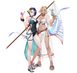  2girls bare_shoulders bikini blonde_hair blue_eyes blue_hair breasts catherine_(fire_emblem) catherine_(summer)_(fire_emblem) covered_navel cup dark-skinned_female dark_skin drinking_glass feet fire_emblem fire_emblem:_three_houses fire_emblem_heroes flag full_body gloves highres kainown large_breasts legs midriff multiple_girls navel official_art partially_fingerless_gloves purple_eyes sandals shamir_nevrand shamir_nevrand_(summer) short_hair stomach swimsuit toenails toes white_background white_bikini 