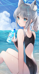  absurdres animal_ear_fluff animal_ears arm_support back blue_archive blue_sky bottle breasts cloud cloudy_sky competition_swimsuit cross_hair_ornament extra_ears female hair_ornament halo highres ichinose_(sorario) looking_at_viewer looking_to_the_side mismatched_pupils ocean official_alternate_costume one-piece_swimsuit outdoors partially_submerged shiroko_(blue_archive) shiroko_(swimsuit)_(blue_archive) short_ponytail sitting sky solo swimsuit water wolf_ears 