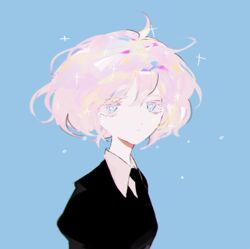  1other :| black_necktie blue_background blue_eyes blurry bright_pupils chromatic_aberration closed_mouth commentary depth_of_field diamond_(houseki_no_kuni) dot_nose expressionless eyelashes floating_hair flying_teardrops from_side gem_uniform_(houseki_no_kuni) hair_between_eyes houseki_no_kuni looking_at_viewer looking_to_the_side necktie other_focus pink_hair puffy_sleeves ronoh_(jill) sad short_hair simple_background solo sparkle tearing_up tears upper_body white_pupils wing_collar 