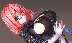  artist_name black_bra black_shirt bob_cut bra breasts brown_background cleavage covered_nipples female framed_breasts gloves hair_ornament hairpin honkai_(series) honkai_impact_3rd huge_breasts looking_at_viewer mask medium_hair mouth_mask pink_hair shirt short_hair sideboob simple_background single_glove timido_cute underwear white_eyes white_gloves zero130 