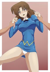  2girls absurdres agent_aika aika_(series) ascot black_ascot blue_delmo blue_jacket blue_skirt blush brown_eyes brown_hair clam_curry commentary_request delmogeny_uniform hands_up highres holding jacket juliet_sleeves long_hair long_sleeves looking_at_viewer multiple_girls open_mouth panties pantyshot pencil_skirt puffy_sleeves skirt solo_focus standing tears underwear uniform white_panties yuri 