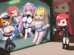  &gt;_&lt; &gt;_o 5girls :&gt; airplane_hair_ornament black_dress blonde_hair blue_eyes blush boots breast_awe breast_envy breasts cerberus_(last_origin) chibi cleavage cutoffs dress elevator elf elven_forest_maker fortune_(last_origin) front-tie_top full_body gloves hoyo huge_breasts korean_commentary last_origin micro_shorts midriff multiple_girls navel night_angel_(last_origin) official_alternate_costume one_eye_closed open_mouth orange_eyes photoshop_(medium) pink_hair pointy_ears red_eyes serapias_alice shorts sweatdrop swept_bangs white_gloves 