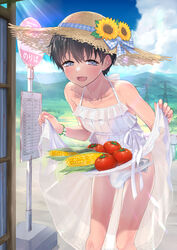  1boy black_hair blush bulge bus_stop condom condom_in_clothes crossdressing dress grey_eyes hat highres male_focus navel onomi9ta open_mouth original otoko_no_ko outdoors panties skirt_basket smile solo standing straw_hat sundress sweat underwear 