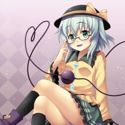  adjusting_eyewear bespectacled blush checkered_background commentary_request crossed_legs female glasses green_eyes hat hat_ribbon heart komeiji_koishi panties pantyshot rasahan ribbon short_hair sitting skirt smile solo third_eye touhou underwear 