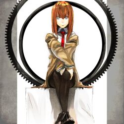  blue_eyes brown_hair commentary_request crossed_legs female frown laio long_hair makise_kurisu pantyhose photoshop_(medium) sitting solo steins;gate 