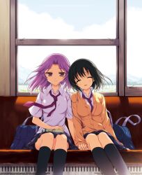  2girls ^_^ bad_id bad_pixiv_id bag black_hair black_legwear black_skirt book book_on_lap breasts buttons cardigan closed_eyes cloud dress_shirt earphones feet_out_of_frame highres holding_hands kajiki_yumi leaning_on_person long_sleeves medium_breasts medium_hair multiple_girls necktie odawara_hakone photoshop_(medium) purple_hair purple_necktie saki_(manga) school_bag school_uniform shared_earphones shirt short_sleeves side-by-side sitting skirt sky smile touyoko_momoko train_interior tsuruga_school_uniform zipper 