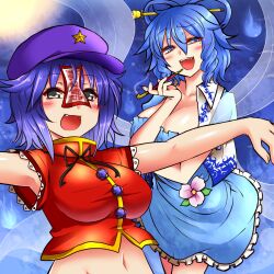  2girls armpit_peek black_eyes blue_eyes blue_hair blush breasts commentary_request dress flower hair_ornament hair_rings hair_stick hat hat_ornament kaku_seiga kiseru large_breasts miyako_yoshika mole multiple_girls navel oerba_yun_fang ofuda outstretched_arms purple_hair ribbon roki_(hirokix) short_hair smoking_pipe star_(symbol) star_hat_ornament touhou upper_body vest zombie_pose 