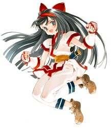  bad_id black_hair bow brown_footwear detached_sleeves female fingerless_gloves full_body gloves hairband hairbow long_hair nakoruru open_mouth oyari_ashito photoshop_(medium) red_bow samurai_spirits short_sleeves simple_background solo white_background 