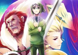  3boys armor bad_id bad_pixiv_id beard blonde_hair cape commentary_request ea_(fate/stay_night) earrings facial_hair fate/zero fate_(series) gate_of_babylon_(fate) gilgamesh_(fate) green_eyes green_hair iskandar_(fate) iwaohime jewelry male_focus multiple_boys necktie red_eyes red_hair sword tears waver_velvet weapon 