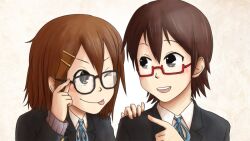  2girls bad_id bad_pixiv_id bespectacled black-framed_eyewear bonjin brown_eyes brown_hair glasses hirasawa_yui k-on! manabe_nodoka multiple_girls one_eye_closed red-framed_eyewear sakuragaoka_high_school_uniform school_uniform semi-rimless_eyewear short_hair tongue under-rim_eyewear 