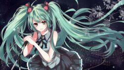  an-mar bow bowtie commentary_request female green_eyes green_hair hatsune_miku highres long_hair microphone microphone_stand musical_note skirt solo twintails very_long_hair vocaloid 