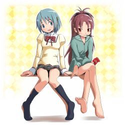  2girls :d bad_id bad_pixiv_id barefoot blue_eyes blue_hair blush bow food hairbow hood hoodie long_hair long_legs long_sleeves mahou_shoujo_madoka_magica mahou_shoujo_madoka_magica_(anime) miki_sayaka mitakihara_school_uniform multiple_girls open_mouth pocky red_eyes red_hair sakura_kyoko school_uniform short_hair shuuji_(shumi) skirt smile socks 