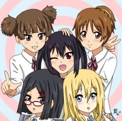  5girls athyra black_hair blonde_hair blue_eyes blush brown_eyes brown_hair commentary_request glasses hair_ornament hairclip hirasawa_ui k-on! long_hair multiple_girls nakano_azusa okuda_nao photoshop_(medium) purple_eyes red_eyes saitou_sumire sakuragaoka_high_school_uniform school_uniform short_hair smile suzuki_jun twintails v 