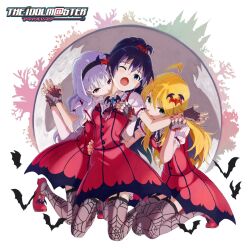  3girls ;o ahoge album_cover arm_around_waist bat_(animal) bat_hair_ornament biting black_hair blonde_hair blue_eyes copyright_name cover dress fangs fingerless_gloves full_moon ganaha_hibiki garter_straps girl_sandwich gloves green_eyes grey_hair hair_ornament hairband hand_on_another&#039;s_chest highres holding_another&#039;s_wrist holding_hands hoshii_miki idolmaster idolmaster_(classic) interlocked_fingers jewelry kneeling long_hair looking_at_viewer matsuo_yuusuke moon multiple_girls my_dear_vampire_(idolmaster) nail_polish neck_biting necklace oerba_yun_fang official_art one_eye_closed open_mouth ponytail print_thighhighs puffy_sleeves purple_eyes red_dress red_footwear red_nails resized sandwiched shijou_takane shoes short_dress spider_web_print sweat thighhighs upscaled vampire wince 