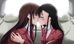  2girls artist_request asymmetrical_bangs black_hair blush car car_interior closed_eyes couple jpeg_artifacts kissing konoe_konoka long_hair mahora_academy_middle_school_uniform mahou_sensei_negima! motor_vehicle multiple_girls sakurazaki_setsuna school_uniform yuri 