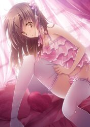  bad_id bad_pixiv_id bare_arms bare_shoulders brown_eyes brown_hair camisole dressing drugstore04 female frilled_thighhighs frills from_side hair_ornament indoors legs long_hair looking_at_viewer original panties photoshop_(medium) pillow side-tie_panties sitting sleeveless solo striped_clothes striped_panties thighhighs underwear white_thighhighs window 