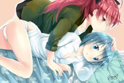  2girls bad_id bad_pixiv_id bare_legs blanket blowing blue_eyes blue_hair blush bow breasts cleavage collarbone dress_shirt gleision_adain hairbow hand_on_another&#039;s_head jacket long_hair lying mahou_shoujo_madoka_magica mahou_shoujo_madoka_magica_(anime) medium_breasts miki_sayaka multiple_girls no_pants on_side open_mouth panties pillow red_eyes red_hair sakura_kyoko shirt short_hair skirt underwear white_panties yuri 