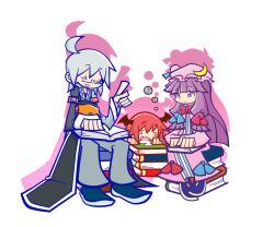  1boy 2girls :3 :d adenine_(artist) ahoge bat_wings belt blunt_bangs blush_stickers book book_pillow book_stack bow bubble closed_eyes commentary_request crescent drooling glasses grey_hair hairbow hat head_wings index_finger_raised koakuma long_hair long_sleeves morichika_rinnosuke multiple_girls oerba_yun_fang open_book open_mouth parody patchouli_knowledge pouch purple_eyes purple_hair puyopuyo puyopuyo_fever red_hair saliva short_hair sitting sleeping smile style_parody touhou wings 