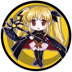  bardiche_(axe_form)_(nanoha) bardiche_(nanoha) black_cape blonde_hair blush cape chibi commentary_request eyes_visible_through_hair fate_testarossa fate_testarossa_(movie_1st_form) female full_body holding holding_polearm holding_weapon kuromitu_(kageneko) looking_at_viewer lyrical_nanoha mahou_shoujo_lyrical_nanoha mahou_shoujo_lyrical_nanoha_the_movie_1st open_mouth outline polearm round_image smile solo standing thighhighs twintails two-sided_cape two-sided_fabric weapon white_outline 