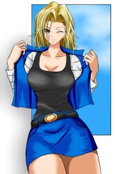  android_18 bad_id bad_pixiv_id belt blonde_hair blue_eyes breasts cleavage collarbone commentary_request dragon_ball dragon_ball_z female highres jacket large_breasts marishiten miniskirt no_legwear one_eye_closed pencil_skirt skirt smile solo thigh_gap 