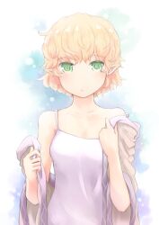  blonde_hair camisole collarbone commentary_request female green_eyes kokotetsu mizuhashi_parsee open_mouth pointy_ears short_hair solo touhou undressing upper_body 