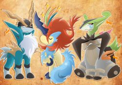  ana_(softkeychains) anger_vein arrow_(symbol) brown_background closed_eyes cobalion commentary_request horns image_sample keldeo keldeo_(resolute) md5_mismatch no_humans pixiv_sample pokemon pokemon_(creature) resolution_mismatch simple_background smile source_larger teardrop terrakion virizion 