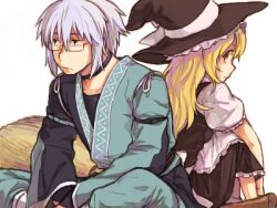  1boy apron bad_id bad_pixiv_id belt black_eyes blonde_hair bow bridal_gauntlets broom choker collarbone commentary_request female frills glasses grey_hair hat hat_bow kirisame_marisa long_hair long_sleeves lowres morichika_rinnosuke nanonin short_hair touhou white_bow witch_hat yellow_eyes 