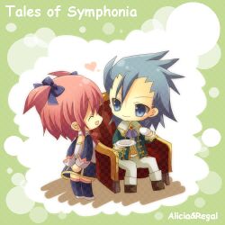  1boy alicia_combatir blue_eyes blue_hair boots closed_eyes coat dress female heart long_hair lowres open_mouth pants pink_hair regal_bryan regal_bryant shoes short_hair smile tales_of_(series) tales_of_symphonia thighhighs twintails 