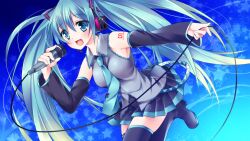  aqua_eyes aqua_hair boots commentary_request detached_sleeves female hatsune_miku highres long_hair microphone necktie open_mouth skirt solo sorai_shin&#039;ya star_(symbol) thigh_boots thighhighs twintails very_long_hair vocaloid 