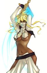  3 aqua_eyes arrancar belt black_gloves bleach blonde_hair bone breasts dark_skin espada female female fetalstar gloves green_eyes hollow mask midriff navel number open_clothes open_shirt shirt solo sword tier_harribel underboob unzipped weapon white_pants 