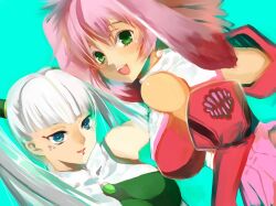  2girls animal_ears bad_id bad_pixiv_id blue_eyes cyborg green_eyes kintoki_(sena0830) long_hair multiple_girls photoshop_(medium) pink_hair rabbit_ears seraphita_(xenogears) tolone_(xenogears) twintails white_hair xenogears 