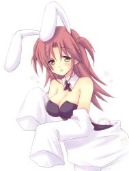  animal_ears bare_shoulders blush breasts brown_hair cleavage commentary_request detached_collar dressing female green_eyes hair_ornament infinite_stratos large_breasts leotard long_hair miyata_(miyatami07) nohotoke_honne open_mouth playboy_bunny rabbit_ears rabbit_tail sleeves_past_fingers sleeves_past_wrists solo tail two_side_up white_background 