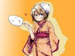  1boy baka_to_test_to_shoukanjuu blush brown_eyes brown_hair commentary cotton_candy heart hua_(hua113) japanese_clothes kimono male_focus mask orange_kimono otoko_no_ko solo yoshii_akihisa yukata 