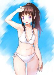  arm_up bad_id bad_pixiv_id bikini brown_hair chitanda_eru commentary_request cowboy_shot female hand_to_head high_ponytail hyouka long_hair navel onsoku_inu open_mouth paint.net_(medium) ponytail purple_eyes solo swimsuit white_bikini 