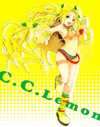  :d armpits bikini bikini_top_only blonde_hair boots bottle c.c._lemon c.c._lemon_(character) commentary_request curtained_hair denim denim_shorts female food-themed_hair_ornament food-themed_necklace full_body fulunukko green_eyes green_legwear hair_ornament hat highres holding holding_bottle incoming_drink jewelry lemon_hair_ornament looking_at_viewer multi-tied_hair navel necklace open_mouth orange_bikini short_shorts shorts smile solo swimsuit thigh_strap twintails wristband yellow_footwear 