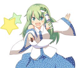  bad_id bad_pixiv_id be_(o-hoho) blush_stickers detached_sleeves female frog_hair_ornament gohei green_eyes green_hair hair_ornament hair_tubes kochiya_sanae light_particles long_hair looking_at_viewer open_hand open_mouth outstretched_arms pov simple_background skirt snake solo star_(symbol) teeth touhou vest white_background wide_sleeves 