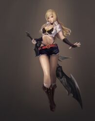  black_shorts blonde_hair boots breasts chinese_commentary cleavage commentary crop_top denim denim_shorts elbow_gloves female fingerless_gloves foreverchaos gloves highres large_breasts lips long_hair midriff navel original red_eyes short_shorts shorts solo sword weapon 