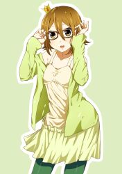  alternate_hairstyle bad_id bad_pixiv_id bespectacled brown_eyes brown_hair crown dress fashion female girock glasses green_pantyhose k-on! mini_crown pantyhose photoshop_(medium) short_hair solo tainaka_ritsu 